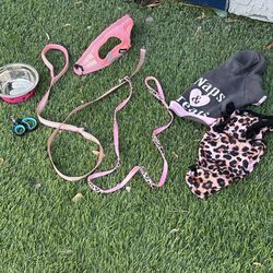 Small puppy clothes, leash harness, nail clipper and bowl