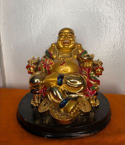 Feng Shui Import Golden Money Buddha Statue on Dragon Chair