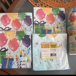 NEW~Happy Birthday Party Supplies Set~4 packages of 40 2-ply Napkins~1 package 24~9oz coated Cups