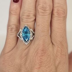 Blue Topaz And Diamond Marquis Ring Size 5