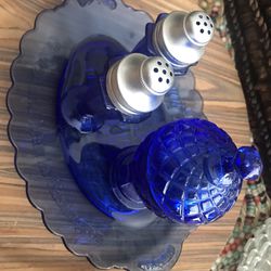 Blue Glass: Tray ,Sugar Jar& Salt /Pepper Shakers