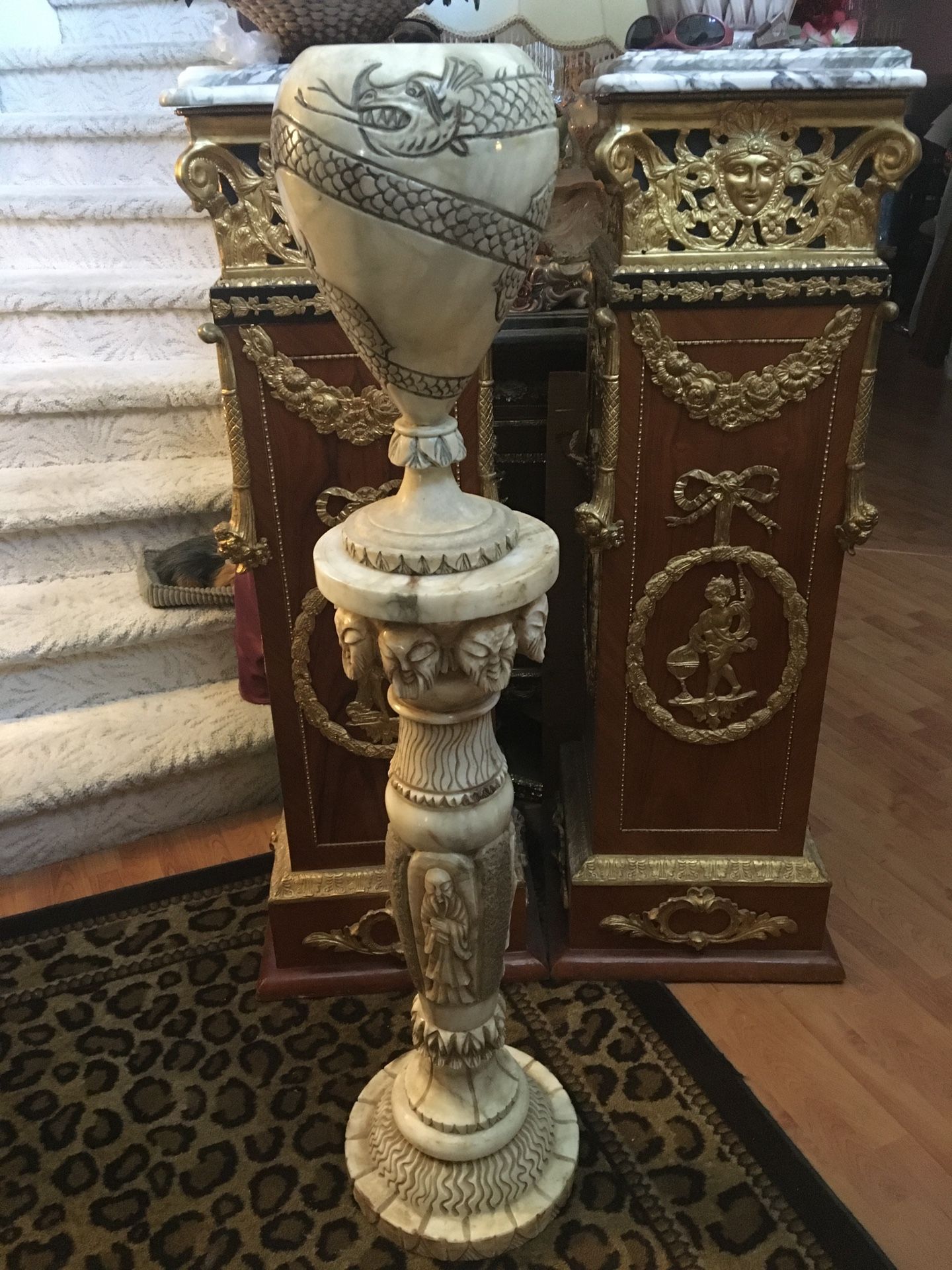 Unique Hand Carved Marble Pedestal, Vase