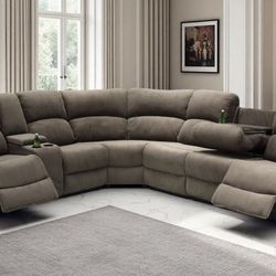 Brown microfiber fully reclining sectional couch