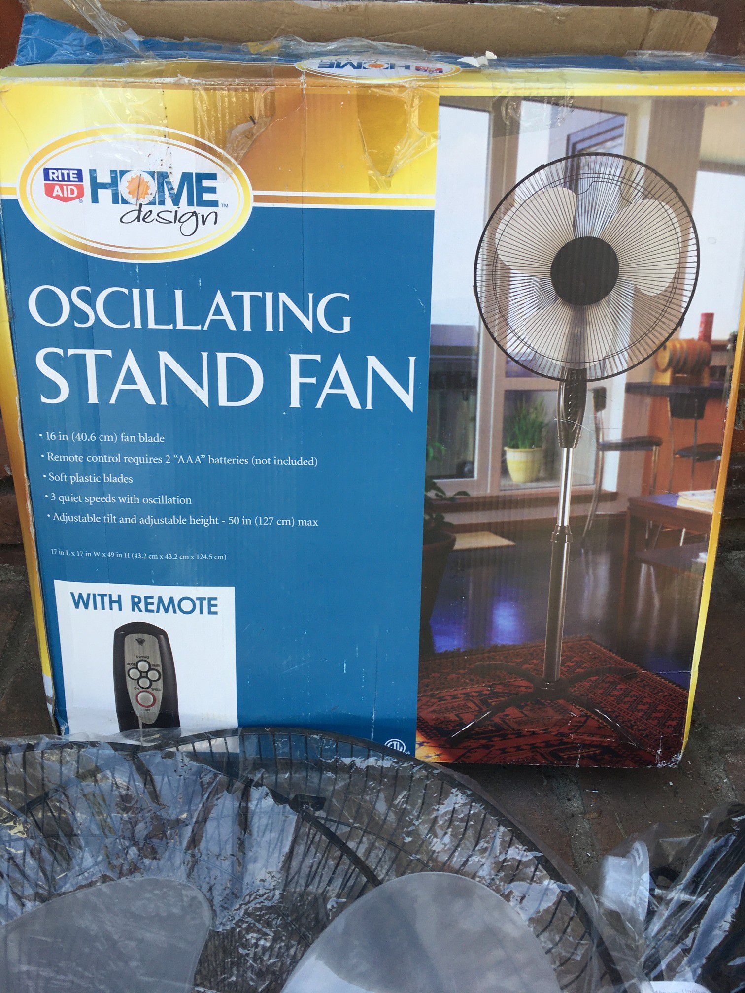 BRAND NEW IN BOX Rite Aid Home Design Oscillating Fan 3-Speed 16” Fan Blade WITH remote Adjustable Tilt and Height 30