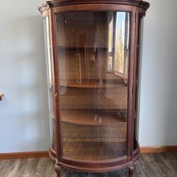 Antique Curved Glass China Cabinet / Bow Front Curio – Oak 