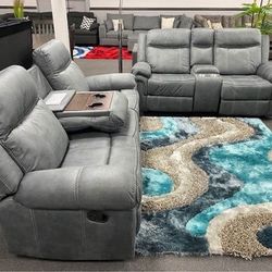 2PC Gray Sofa & Love Seat Rock And Recline