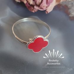 Sterling Silver 925 Ring Red Enamel  Clover Deisgn