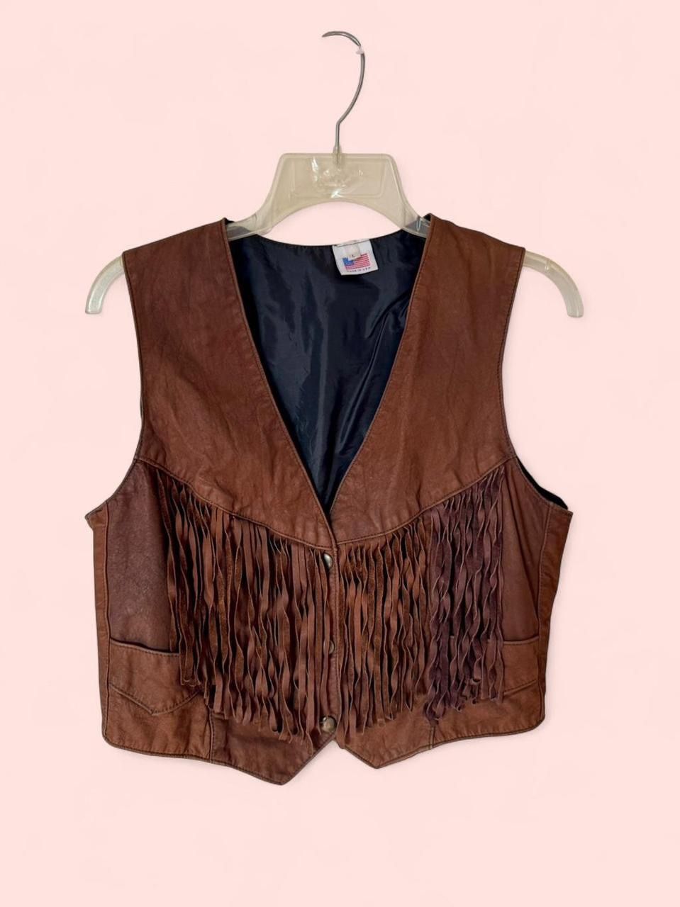American Vintage Brown Fringe Real Leather Western Cow Girl Boho Vest, 2 front pockets - Size L