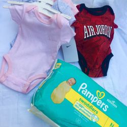 Brand News With Tag Girls Nike Newborn Onesies  + 1 Air Jordan And 1 Pack Of Pampers Newborn 31 Ct