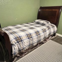 Sleigh Wood Frame Headboard Bed Frame With Twin Mattress, Twin Bed