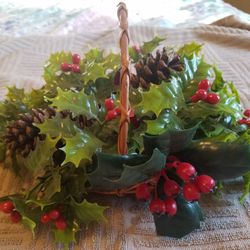 Artificial Holly And Pincone Basket