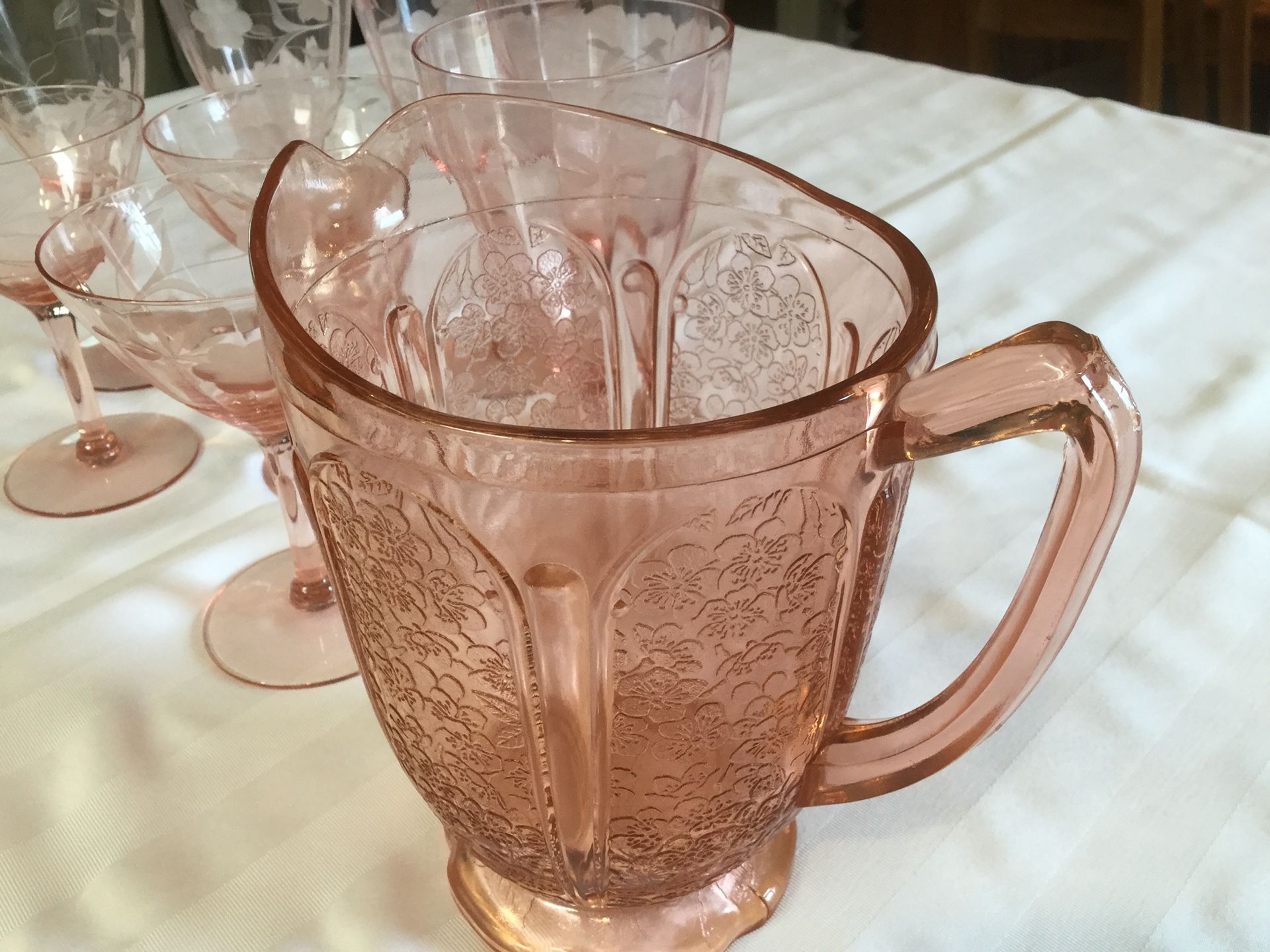 Vintage Cherry Blossom Pink Depression Glass Pitcher; 5 Water Goblets & 3 Wine Glasses