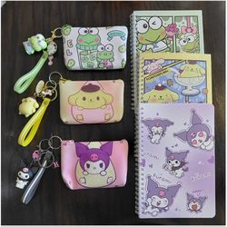 3 PCS Sanrio Characters Coin Pouch/Silicone Charm Keychain W/Mini Lanyard/Spiral Notebook Hello Kitty Cinnamoroll Keroppi Melody Kuromi