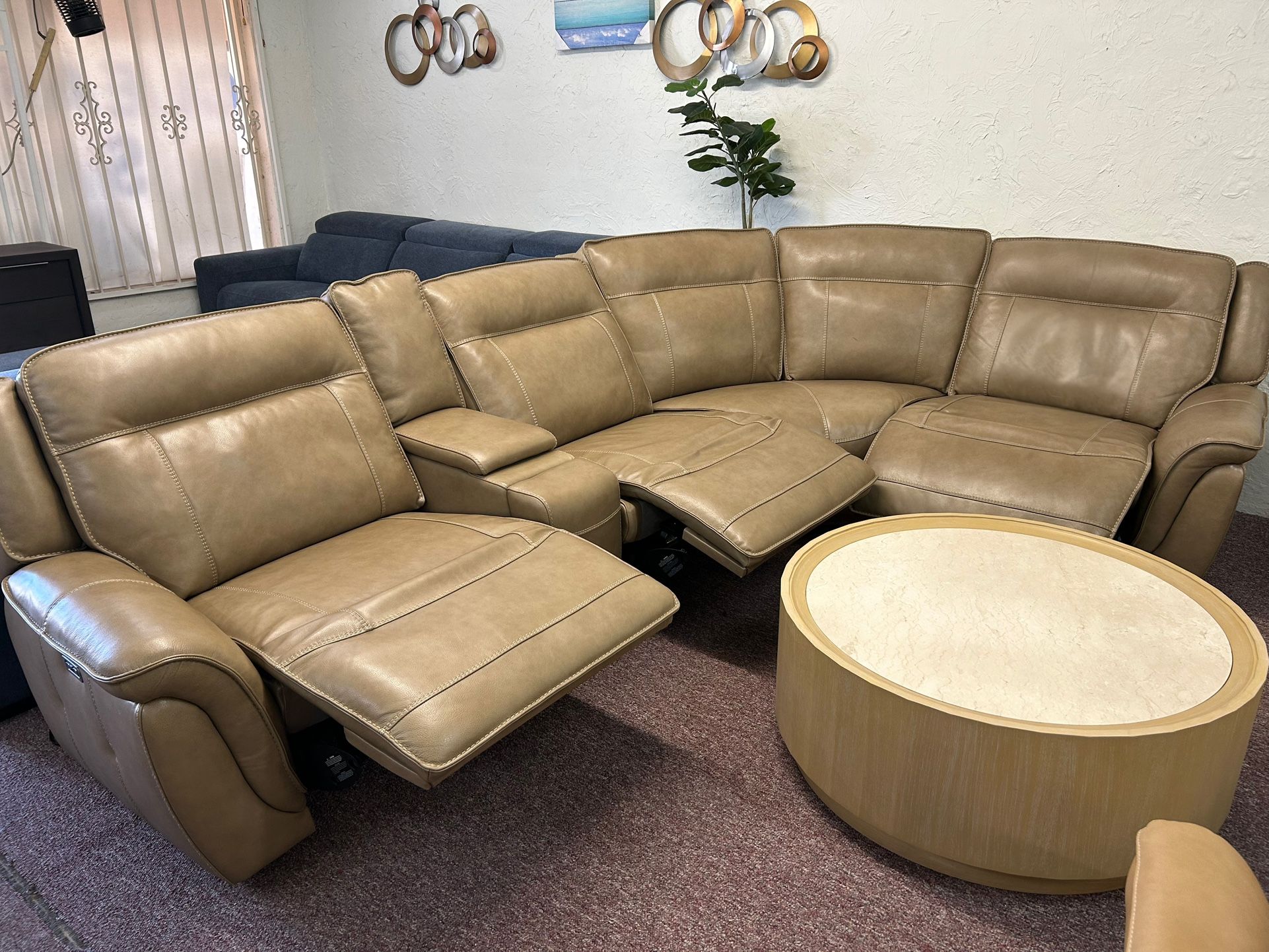Furniture- 5 Pc 100% Real Leather Sectional With 3 Power Recliners- Lenardo