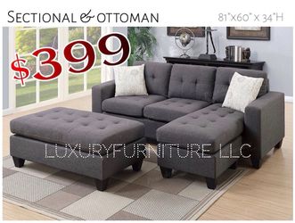 New blue grey sectional with ottoman