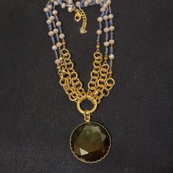 20”-24” Triple Strand Goldtone,crystal,and Beaded Necklace With Large Rainbow Crystal Pendant…VINTAGE STYLE