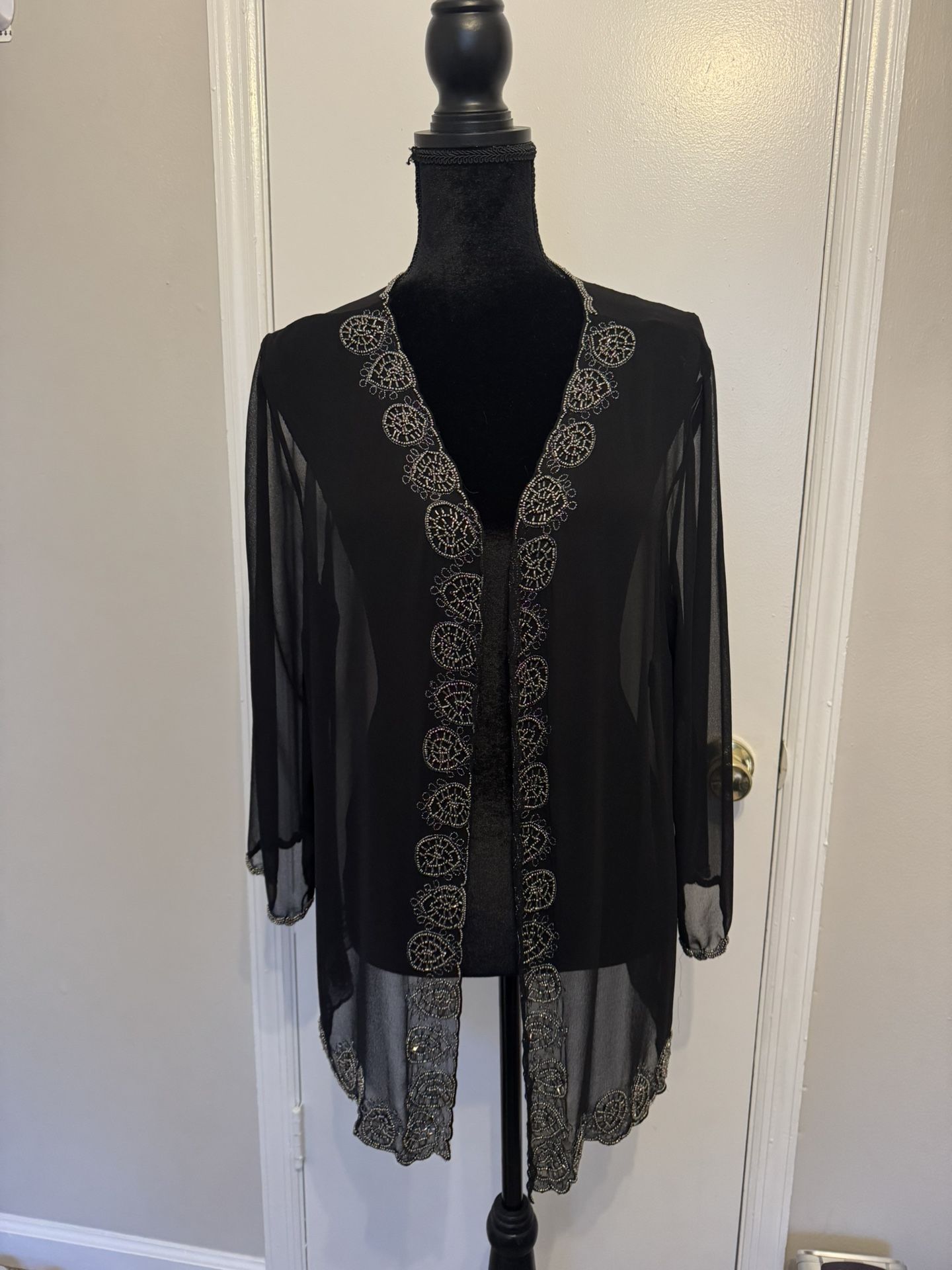 Vintage Beaded Black Mesh Monochrome Womens Open Cardigan