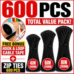 [NEW] 4" 6" 8" Thin Zip Ties 600 Pcs + Hook & Loop Tape