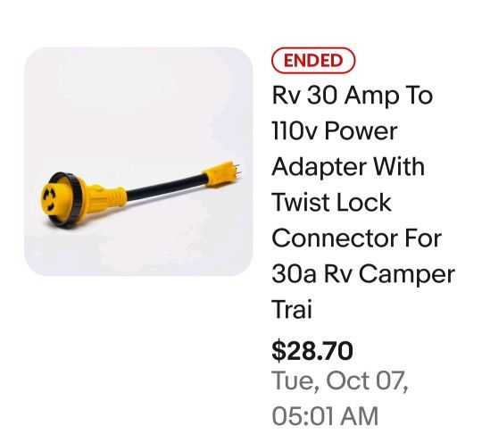 RV 30 Amp to 110volt Power Adapter w/twist lock