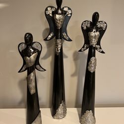 3 Wooden Angels With Metal Accents  