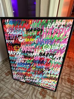 “Happy” Vibrant Graffiti Canvas Art – 30x40 Framed