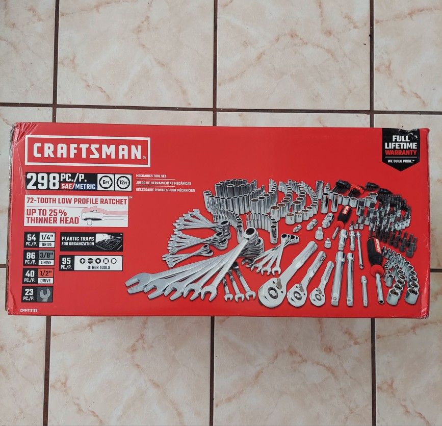 New Craftsman 298 Piece Standard SAE and metric polished chrome mechanic tool set