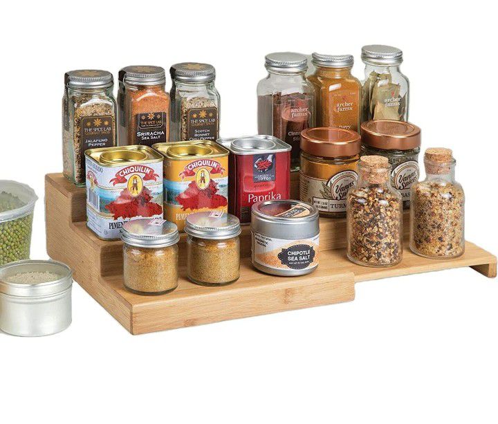 3-Tier Expandable Bamboo Spice Rack Step Shelf Cabinet Organizer, Space Saving Wooden Spice Rack for Kitchen

