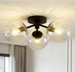 New Mid-Century Modern Black Globe Semi Flush Mount Ceiling Light, Brushed Brass Linear Sputnik Ceiling Fixture with Hammered Clear Glass Globes for B