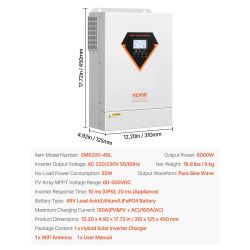Hybrid Solar Inverter, 6000W, All in One Pure Sine Wave Power Inverter Charger