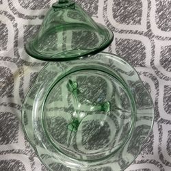 Green Uranium Vaseline Depression, Glass Candy Dish With Lid Top