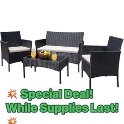 Patio Furniture 4 Pieces Conversation Sets Outdoor Wicker Rattan Chairs Garden Backyard Balcony Porch Poolside loveseat with Cushion and Glass Table, 