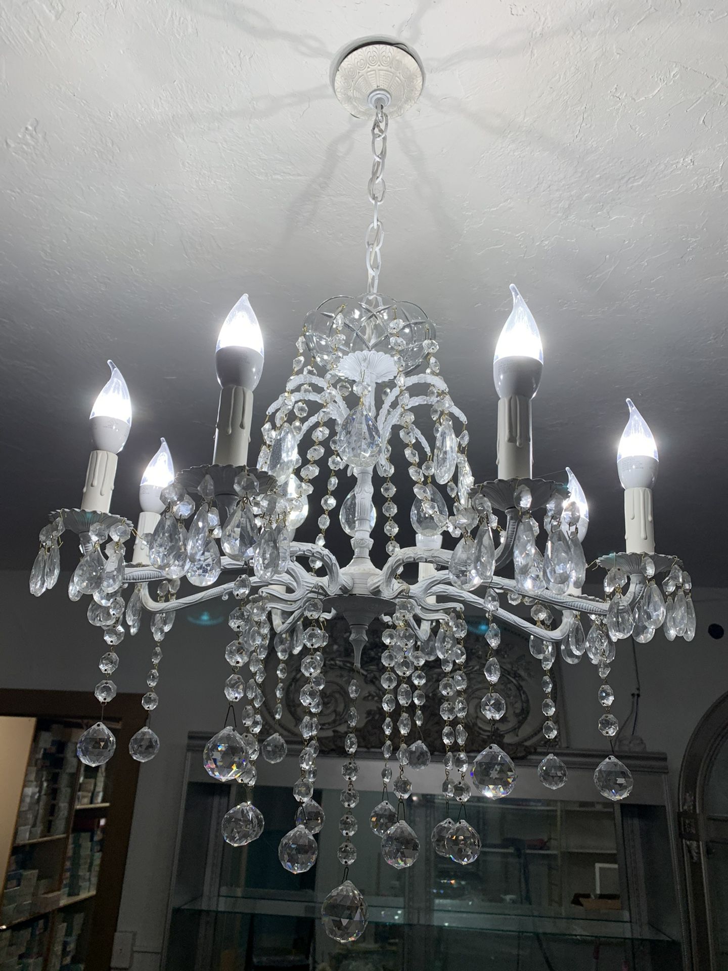 Vintage White Wrought Iron Australian Crystal Chandelier Hanging Ceiling Light Fixture 
