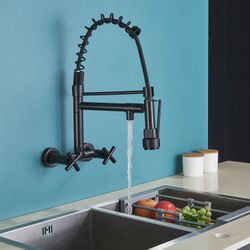 Wall Mounted Kitchen Sink Faucet Pull Down Sprayer Swivel Spout Mixer Tap