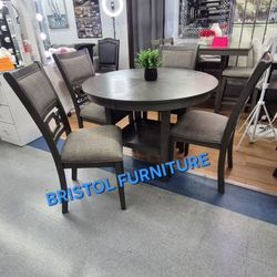 🥊 Round Dining Set 5 Pc, Gray Color, Wood And Fabric Upholstered, New In The Box.