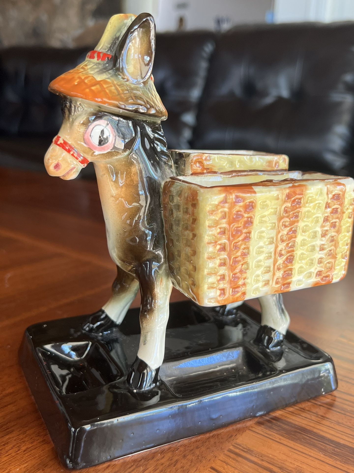 Vintage Ceramic Donkey with Cigarette and Match Holder Back Packs 1960s.