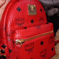 Mcm Mini Red Studded Backpack 