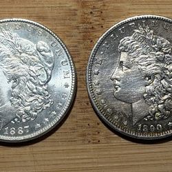 4 GORGEOUS UNCIRCULATED MORGAN SILVER DOLLARS 2 TONED 2 BLAZERS! 1888, 1887, 1890-S, 1904-O !!