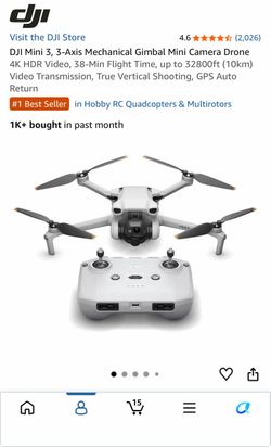 DJI Mini 3, 3-Axis Mechanical Gimbal Mini Camera Drone 4K HDR Video, 38-Min Flight Time, up to 32800ft (10km) Video Transmission, True Vertical Shooti