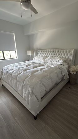 White velour King size Z Gallerie bed frame complete with matress and box springs
