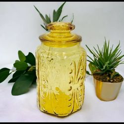 Imperial L.E. Smith Atterbury Scroll Gold Glass Apothecary Canister Jar w/Lid 9"