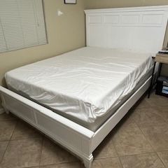 Beautiful White Queen Bed Frame With Foam Mattress And Box Spring And Sheets