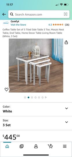 Coffee Table Set of 3 Tiled Side Table 3 Tier, Mosaic Nest Table, End Table, Home Decor Table Living Room Table (White, 3 Set)