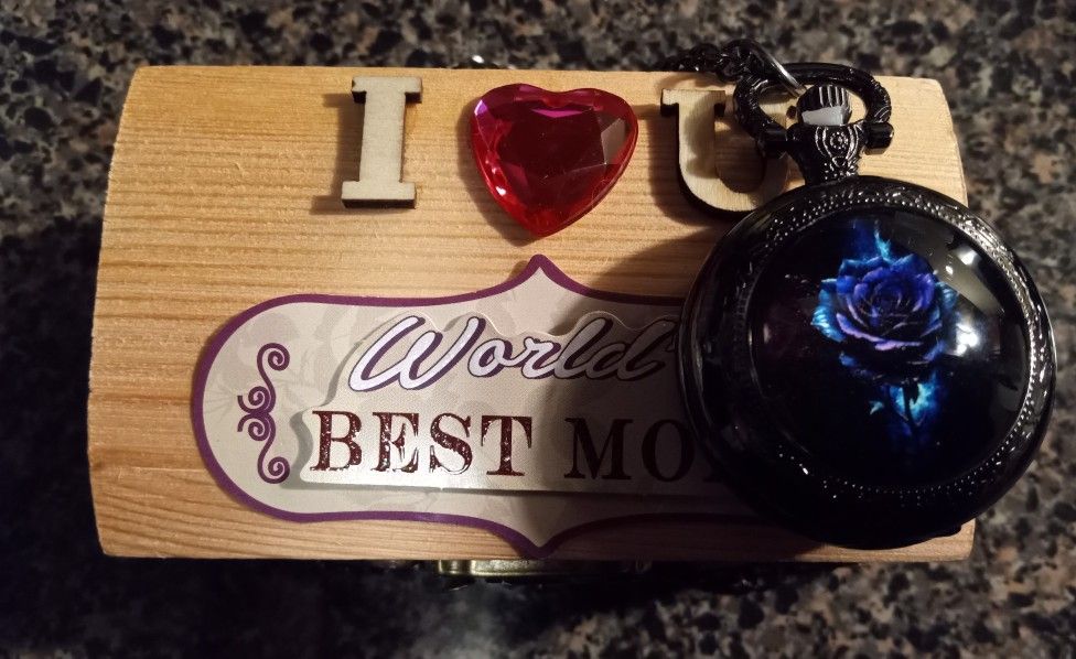 PURPLE FLOWER POCKET WATCH--WOODEN BOX ( I LOVE U MOM ) IS INCLUDED