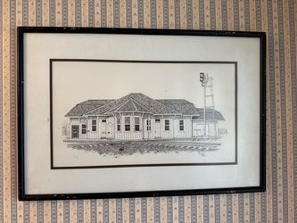 Framed Vintage Pen & Ink Conroe Train Depot Sketch / Art Print