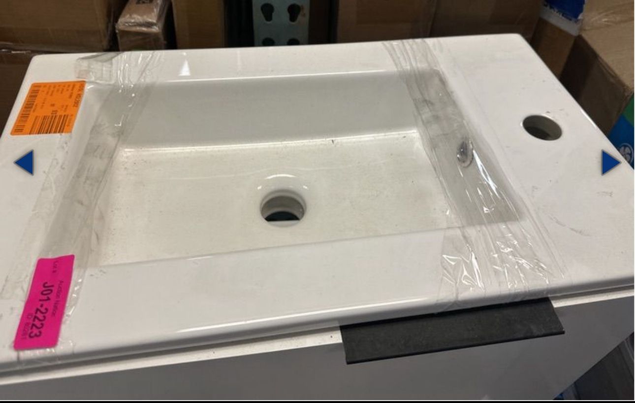 Wall-Mounted Bath Vanity in Dove Grey with White Ceramic Vanity Top (Retail $350)