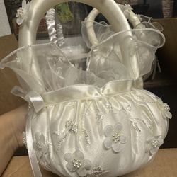 Set of White Flower Girl Bouquet Baskets