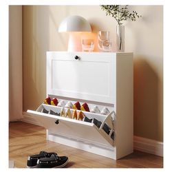 Shoe Cabinet with 2 Flip Drawers, Freestanding Shoe Storage