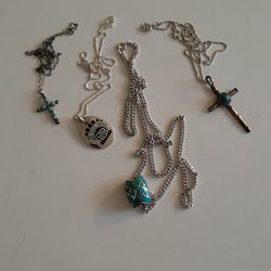 Lot Of 4 Sterling Silver Turquoise Cross Charm Necklace 