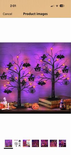 Halloween Decorations Indoor 2 Pack 24 Inch Black Halloween Tree with 24 LED Orange Purple Lights, USB/Battery Operated Halloween Table Decorations Tr