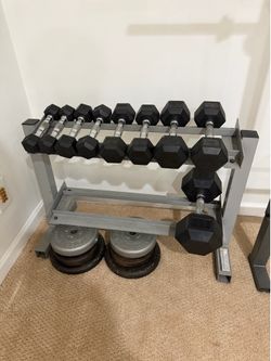 Bench, dumbbells, rack, plates
